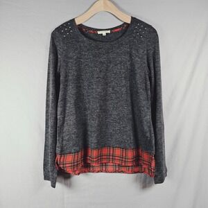Chocolate USA Charcoal Grey Studded Layered Plaid Hem Sweater Top HT4209 Large